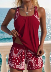 Wine Red Mid Waisted Two-piece Tribal Print Tankini Set