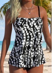 Black Mid Waisted Layered Ditsy Floral Print Tankini Set