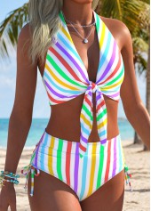 Hot Pink Mid Waisted Ruched Striped Bikini Set | thumb picture 