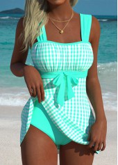 Cyan Mid Waisted Plaid Tankini Set