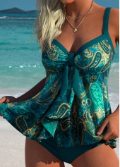 Peacock Blue Mid Waisted Tie Tribal Print Tankini Set