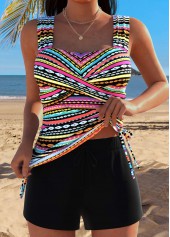 Multi Color Mid Waisted Wrap Tribal Print Tankini Set