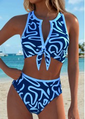 Blue Mid Waisted Bowknot Geometric Print Bikini Set