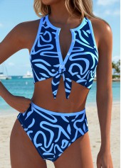 Blue Mid Waisted Bowknot Geometric Print Bikini Set