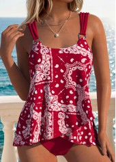 Coral Mid Waisted Tummy Coverage Tribal Print Tankini Set