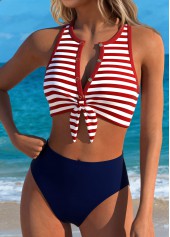 Multi Color Mid Waisted Bowknot Striped Bikini Set | thumb picture 