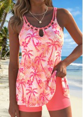 Peach Red Mid Waisted Lace Up Tankini Set