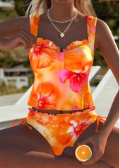 Orange Mid Waisted Frill Floral Print Tankini Set