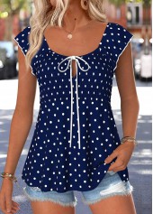 Navy Polka Dot Bowknot Short Sleeve Square Neck Blouse