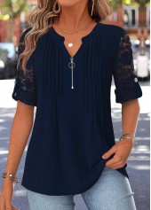Navy Tuck Stitch Short Sleeve Split Neck Blouse