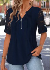 Navy Tuck Stitch Short Sleeve Split Neck Blouse | thumb picture 