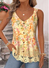 Yellow Floral Print Curved Hem Sleeveless Tank Top