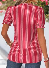 Red Striped Shirred Short Sleeve Split Neck Blouse | thumb picture 