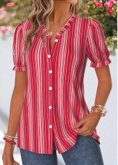 Red Striped Shirred Short Sleeve Split Neck Blouse | thumb picture 