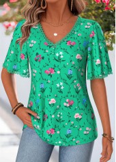 Green Floral Print Curved Hem Half Sleeve T Shirt