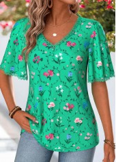 Green Floral Print Curved Hem Half Sleeve T Shirt | thumb picture 