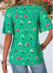 Green Floral Print Curved Hem Half Sleeve T Shirt | thumb picture 