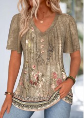 Dark Camel Random Floral Print Curved Hem T Shirt