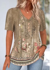Dark Camel Random Floral Print Curved Hem T Shirt | thumb picture 