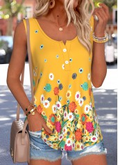 Ginger Leaf Print Button Sleeveless Round Neck Tank Top