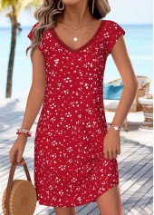 Red Ditsy Floral Print Short Bowknot V Neck Dress | thumb picture 