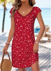 Red Ditsy Floral Print Short Bowknot V Neck Dress | thumb picture 