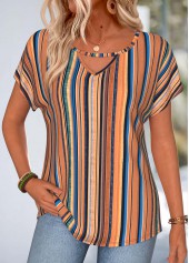 Multi Color Striped Short Sleeve Round Neck T Shirt