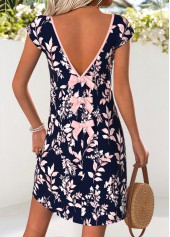 Navy Leaf Print Short Tummy Coverage V Neck Dress