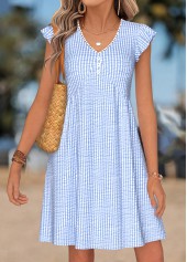 Light Blue Striped Short Shirred V Neck Dress
