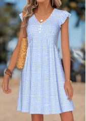 Light Blue Striped Short Shirred V Neck Dress | thumb picture 