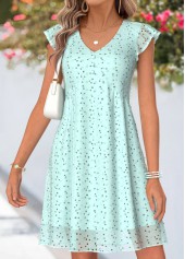 Mint Green Polka Dot Short Shirred V Neck Dress