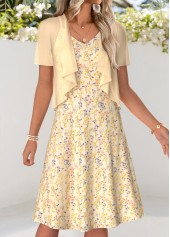Light Yellow Ditsy Floral Print Two-piece Dress and Cardigan
