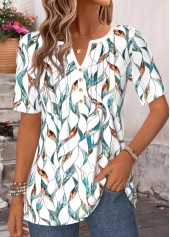 Multi Color Leaf Print Curved Hem T Shirt | thumb picture 