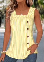 Yellow Striped Curved Hem Sleeveless Square Neck Tank Top