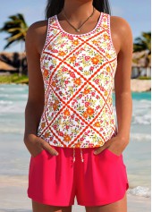 Hot Pink Mid Waisted Pocket Floral Print Tankini Set