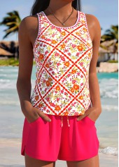 Hot Pink Mid Waisted Pocket Floral Print Tankini Set | thumb picture 