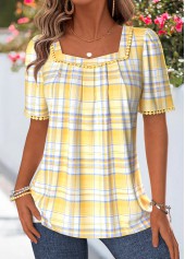 Yellow Plaid Pleated Short Sleeve Square Neck T Shirt