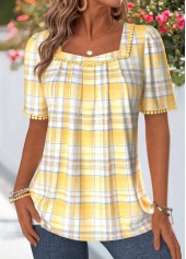 Yellow Plaid Pleated Short Sleeve Square Neck T Shirt | thumb picture 