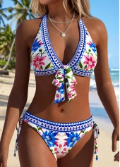 Blue Mid Waisted Patchwork Floral Print Bikini Set