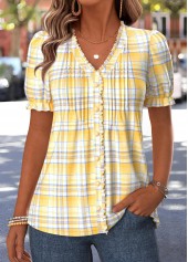 Yellow Plaid Frill Short Sleeve V Neck T Shirt