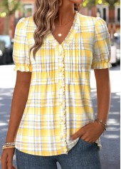 Yellow Plaid Frill Short Sleeve V Neck T Shirt | thumb picture 