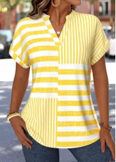 Yellow Striped Patchwork Short Sleeve V Neck Blouse | thumb picture 