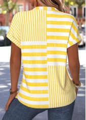 Yellow Striped Patchwork Short Sleeve V Neck Blouse | thumb picture 