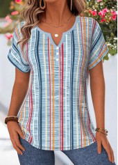 Dusty Blue Multi Stripe Print Tummy Coverage Blouse