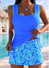 Purplish Blue Mid Waisted Wrap Paisley Print Tankini Set