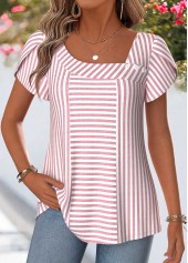 Pink Striped Curved Hem Short Sleeve Blouse