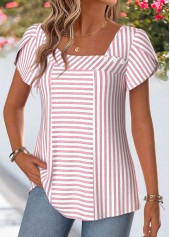 Pink Striped Curved Hem Short Sleeve Blouse | thumb picture 