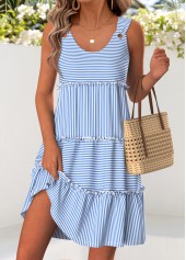 Light Blue Striped Short Shirred Bracelet Sleeve Dress