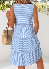 Light Blue Striped Short Shirred Bracelet Sleeve Dress | thumb picture 