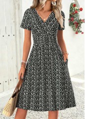 Black Ditsy Floral Print Shirred Short Sleeve Dress | thumb picture 